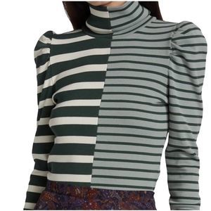 Veronica Beard Striped Long Sleeve Top - Green and Cream